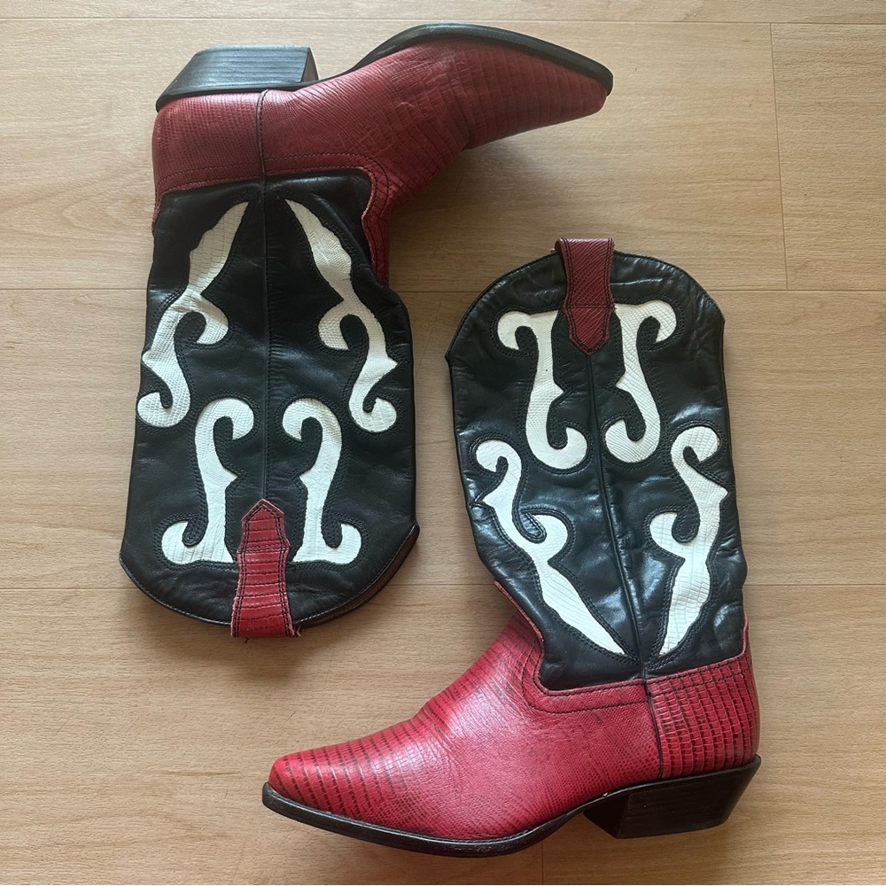 Vintage Nine West Genuine Leather Red Black White Cowboy Boots Lizard Print